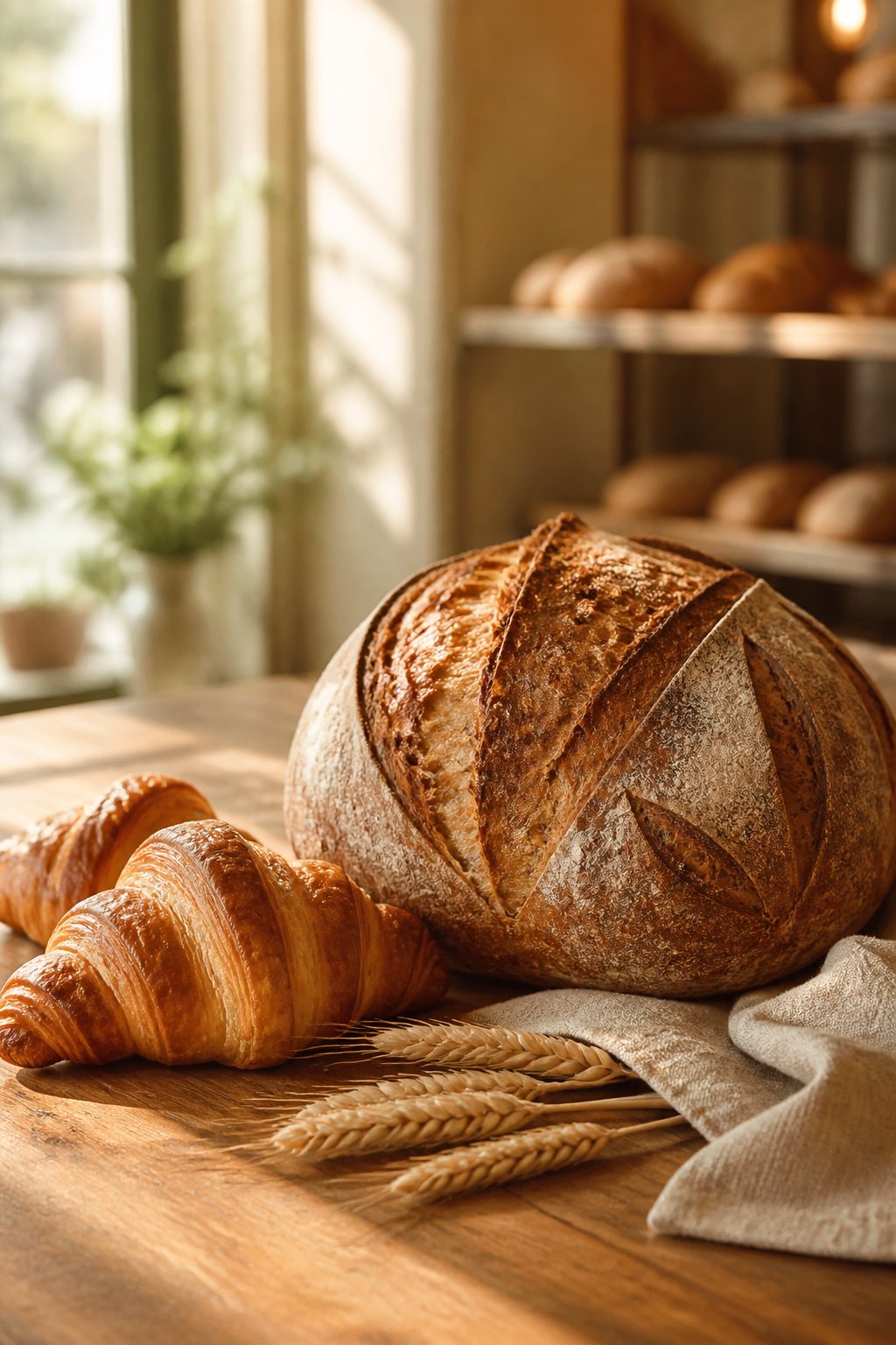 Fresh sourdough bread and croissants